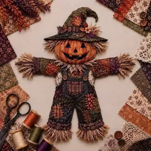 Detailed view of Halloween patchwork scarecrow doll with craft sewing kit materials