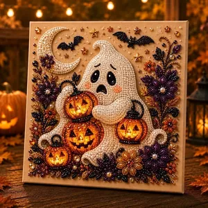 Detailaufnahme des Halloween-Geister-Perlenkunst-Sets mit glänzenden Perlen und Kürbisdesign