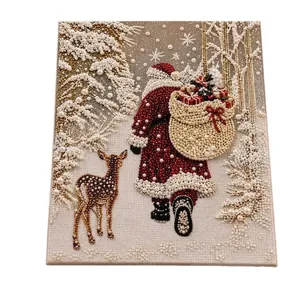 Kit de pintura de diamantes 5D de Navidad con Papá Noel y un reno en un bosque nevado
