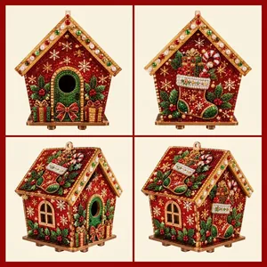 Multi-angle view of DIY pearl art Christmas birdhouse with snowflake and stocking motif