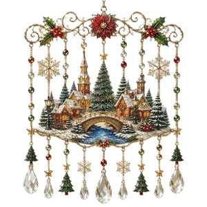 Decoración navideña para ventana con escena de pueblo nevado y gotas de cristal