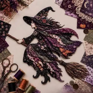 Detailed close-up of a decorative Halloween witch patchwork fabric craft with sewing kit