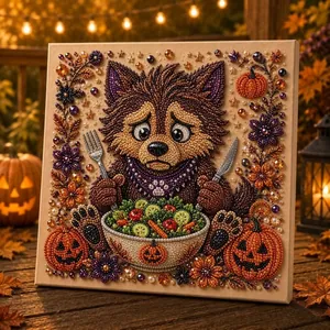 Detailansicht Halloween-Werwolf-Diamantmalerei-Set mit Perlen-Kürbissen und Salat