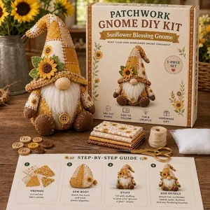 Complete zonnebloem patchwork kabouter DIY-kit met stoffen en instructies.