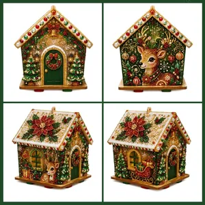 Detailed views of various DIY pearl art Christmas house decorations in a 2x2 grid.
