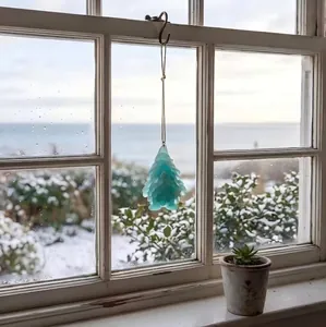 Dettaglio di un ornamento a forma di gnomo in vetro di mare blu appeso alla finestra.