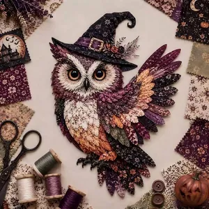 Intricate detail of a finished patchwork owl craft from the Halloween DIY fabric kit.
