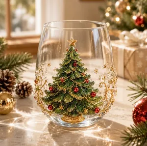 Elegante vaso de cristal navideño con árbol de esmalte 3D y adornos dorados.