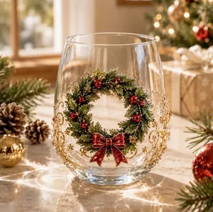 Detalle de corona navideña en una elegante taza de cristal en una escena festiva