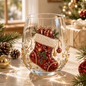 Primer plano de taza de vidrio con calcetín de Navidad en 3D y filigrana de oro