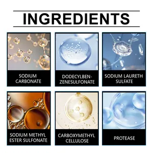 Macro-weergave van JAKEHOE waspoeder ingrediënten zoals natriumcarbonaat en protease.
