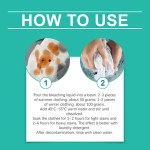 Instructional guide for using bleaching liquid on stained white garments with step-by-step photos