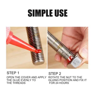 Detailed two-step guide for applying red anaerobic liquid thread sealant to a metal bolt and nut