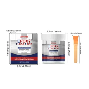 Dimensions of Jakehoe epoxy floor paint kit with box, jar, and application brush