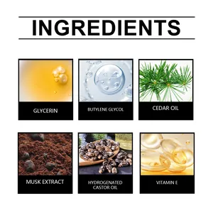 Detailansicht natürlicher Inhaltsstoffe wie Zedernöl und Moschusextrakt für Aroma