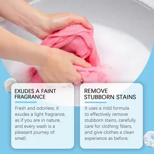 Close-up detail of hand washing pink clothing using fragrant laundry detergent