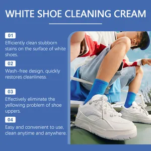Detailed features of white shoe cleaning cream shown with clean sneakers on a model