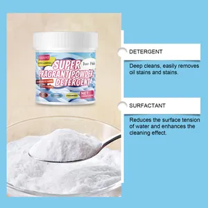 Close-up of Jue Fish laundry powder detergent showing fine white texture and cleaning action