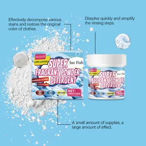Detailed macro view showing Jue Fish fragrant laundry powder packaging and key features.
