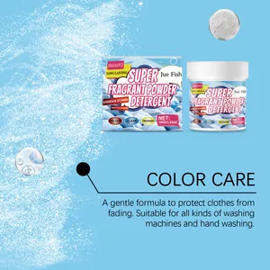Detail of Jue Fish laundry powder showing color care formula for clothes protection