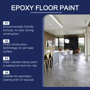 Features of grey water-based epoxy floor paint with a modern indoor application view.