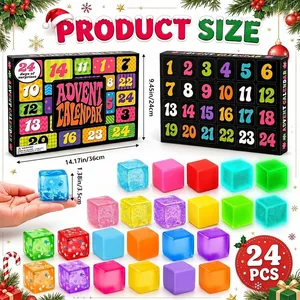 Weihnachts-Adventskalender mit 24 bunten Squishy-Spielzeugwürfeln, Maße gezeigt