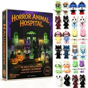Detailweergave van de 24 horror dierenziekenhuis figuren en advent kalender doos.