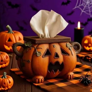 Halloween Kürbis-Taschentuchbox aus Kunstharz mit Holzdeckel in gruseliger Kulisse