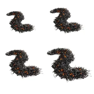Set of 4 black Halloween cedar garlands with integrated orange LED light string