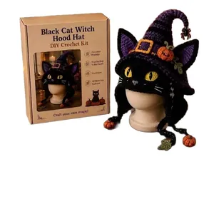 Kit de crochet DIY pour cagoule de sorcière chat noir d'Halloween avec détails citrouille