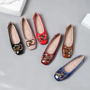 Selection of colorful square toe ballet flats with gold buckles and glossy patent finish.