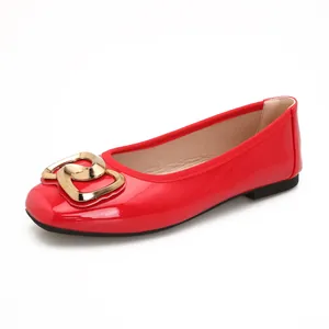 Elegant red patent leather ballet flats with gold heart buckle and square toe design
