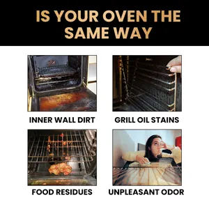 Visual overview of common oven issues like heavy grease stains and food residues