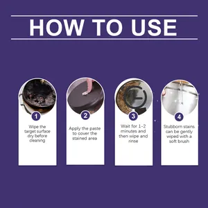 Instructional guide showing four steps to use stainless steel cleaning paste on pots