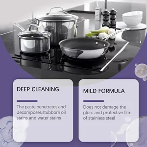 Close-up of stainless steel pots showing deep cleaning effect with mild formula paste.