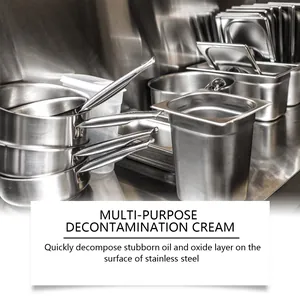Close-up view of shiny stainless steel cookware cleaned with decontamination cream