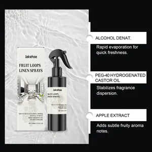 Vista detallada del spray para lino Jakehoe con extracto de manzana e ingredientes clave.
