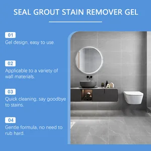 Features of grout stain remover gel displayed alongside a modern grey bathroom scene