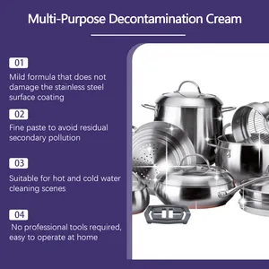 Mild decontamination cream for shiny stainless steel cookware and kitchen surfaces