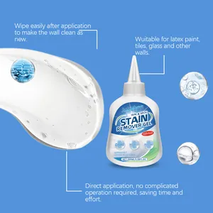 Detail view of 100ml multi-effect stain remover gel showing its clear texture and usage tips