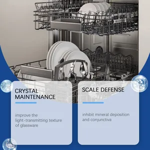 Close-up of clean dishes in dishwasher showing scale defense and crystal maintenance effects
