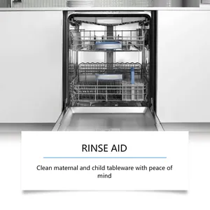 View of an open dishwasher interior illustrating the use of rinse aid for clean dishes