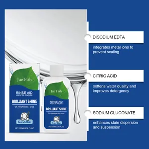 Detailed view of Jue Fish dishwasher rinse aid showing chemical ingredients and benefits