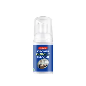 Macro view of Jaysuing kitchen bubble cleaner bottle with focus on English labeling