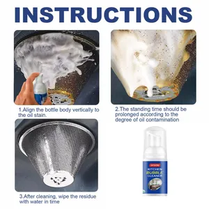 Step-by-step cleaning instructions for Jaysuing kitchen bubble cleaner on greasy surfaces.