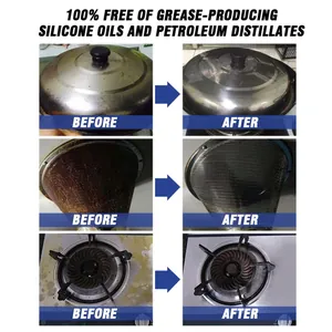 Before and after comparison of kitchen degreaser foam on greasy stove and pot lids
