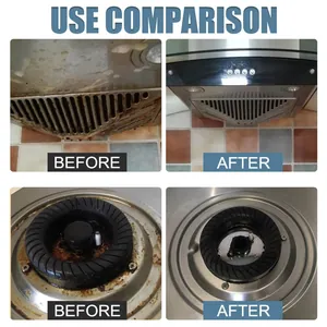 Side-by-side comparison of kitchen grease removal results before and after cleaning foam use