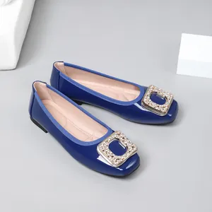 Elegant blue patent leather flat shoes with shimmering rhinestone square buckle and square toe