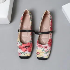 Elegant French style floral Mary Jane ballet flats featuring soft sole and black strap
