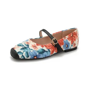 Retro floral Mary Jane ballet flats with soft sole and adjustable strap